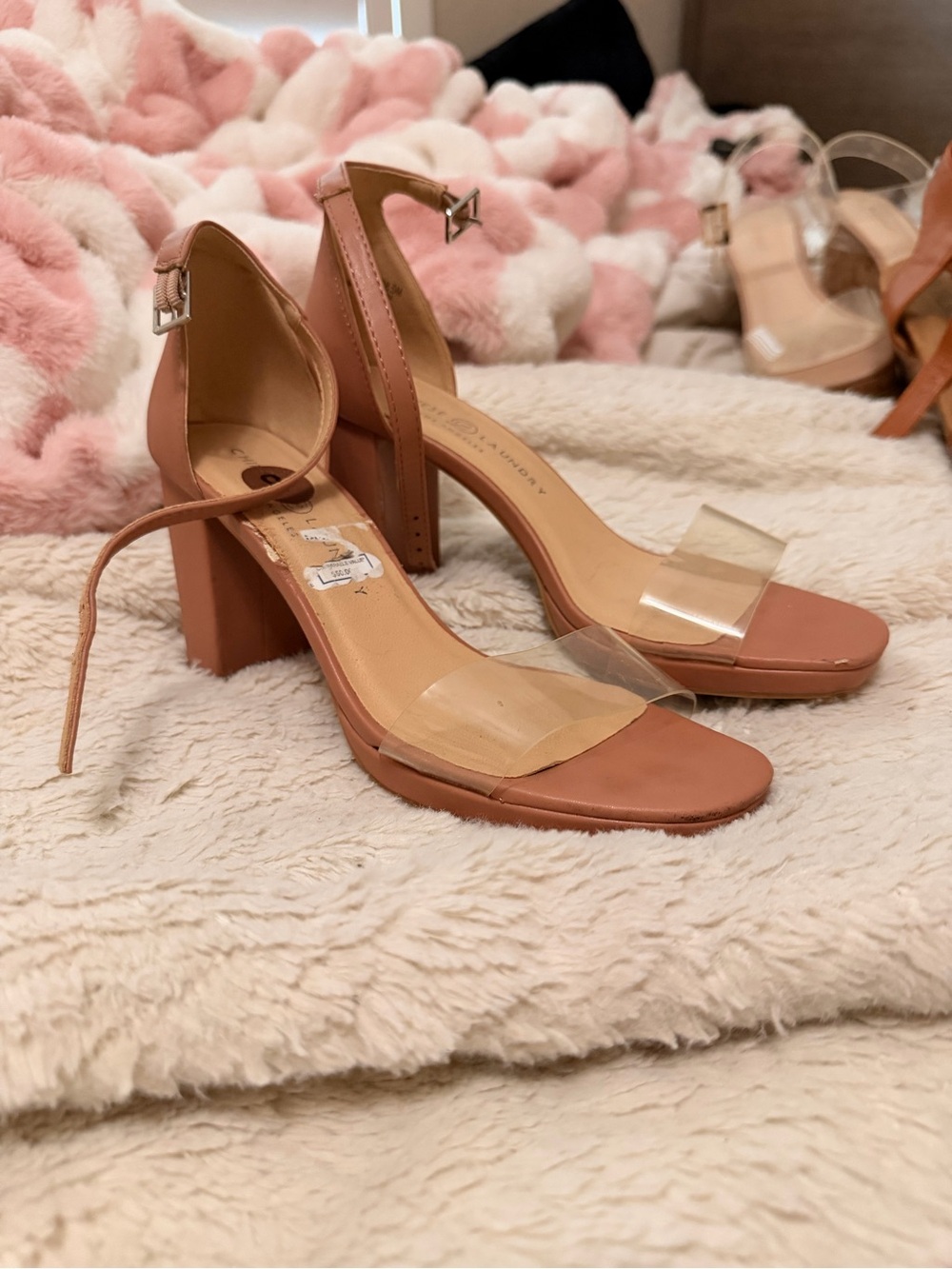 Chinese Laundry Blush Tan Block Heel Sandals with Clear Straps